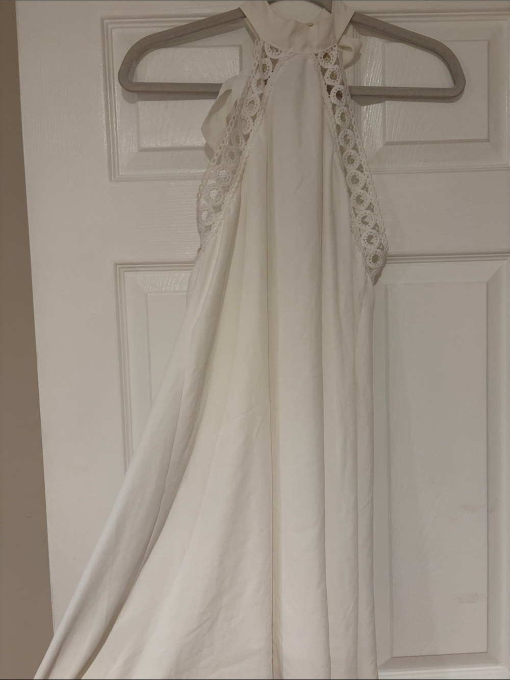 Lulu's White Backless Halter Maxi Dress with Lace Trim